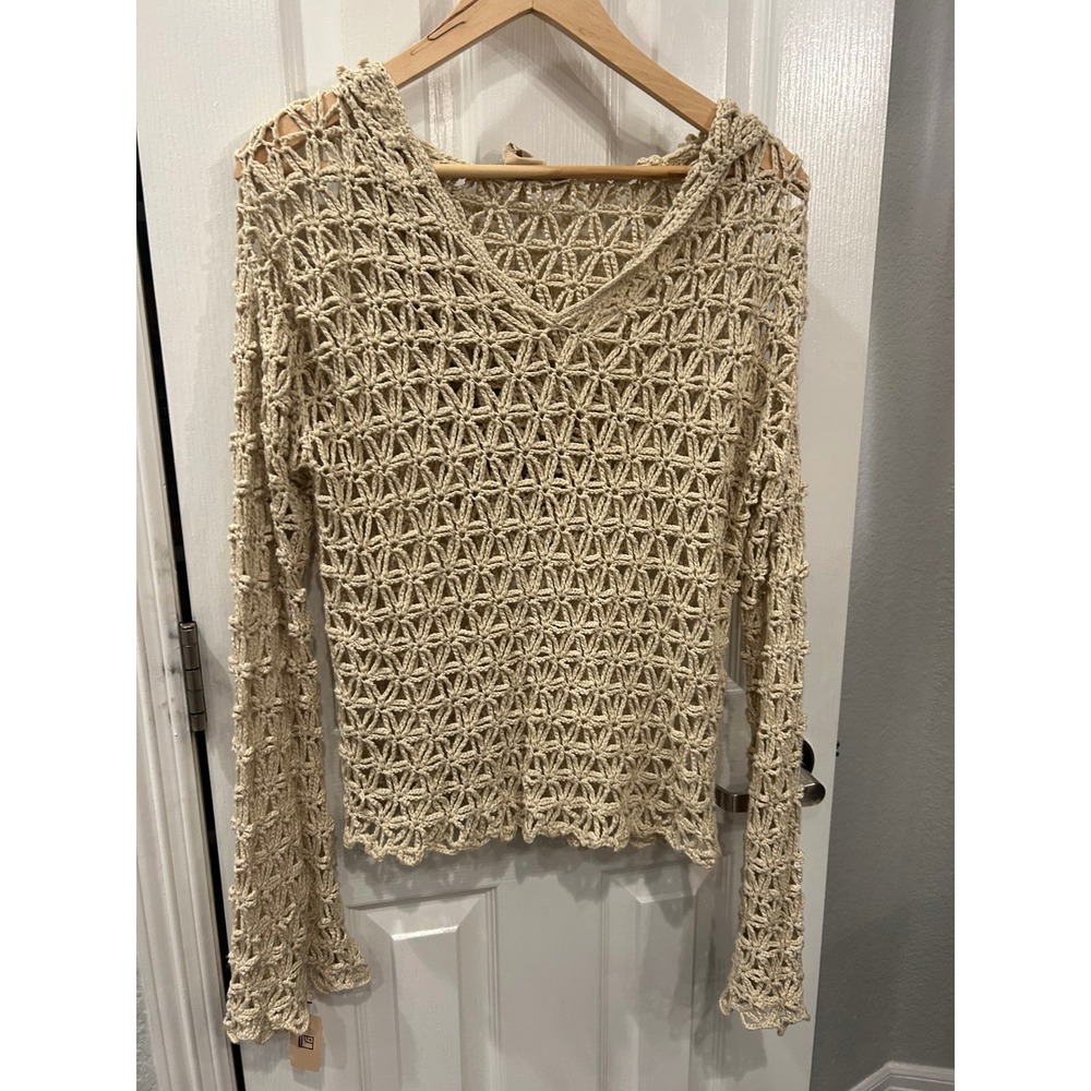 Black Sheep Crochet Hoodie Sweater Cream‎ Starburst Knit V-Neck Boho BJ132108